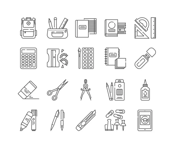 Stationery zwarte lijn pictogrammen ingesteld. School, kantoorbenodigdheden. Rekenmachine, rugzak, gum, pennen, e-learning, borstel, flash drive, schaar, liniaal, notebook. Teken voor webpagina, mobiele app, banner. — Stockvector