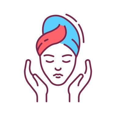 Yüz masajı renk çizgisi simgesi. Yaşlanma sürecini yavaşlatmak ve daha genç ve sağlıklı bir cilt elde etmek için güzellik tedavisi. Web sayfası için piktogram, mobil uygulama, tanıtım. Düzenlenebilir vuruş.