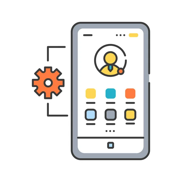 모바일 응용 프로그램 관리 색 라인 아이콘. 내부적으로 개발 된 모바일 앱에 접근 할 수있는 기능을 제공하는 소프트웨어와 서비스를 설명한다. UI UX GUI 설계 요소. 정확 한 뇌졸중. — 스톡 벡터