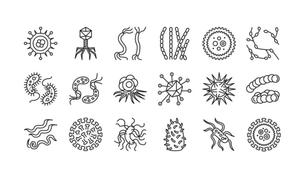 Los virus de la línea negra iconos establecidos. Infecciones respiratorias. Bacterias, signos de microorganismos. El germen microscópico causa el concepto de enfermedades. Pictogramas para web, aplicación móvil. UI UX elemento de diseño. Carrera editable . — Vector de stock