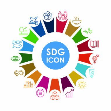 Kurumsal sosyal sorumluluk işareti. Sürdürülebilir Kalkınma Hedefleri illüstrasyonu. SDG işaretleri. Reklam, internet, mobil uygulama ve tanıtım için Pictogram. Vektör illüstrasyon ögesi.
