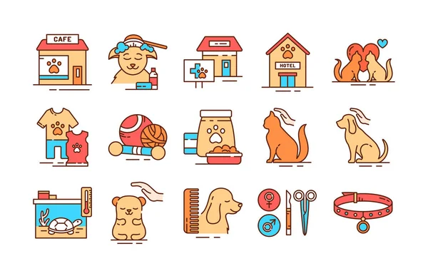 Pet care color line icons set. 애완 동물을 위한 훌륭 한 봉사를 제공하고 있다. 생활을 개선 한다. 웹 페이지를 위한 Pictogram, 모바일 앱, 프로 모. UI UX GUI 설계 요소. 정확 한 뇌졸중. — 스톡 벡터