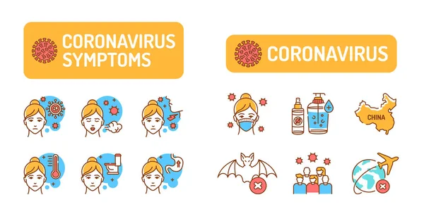 Wuhan Novel coronavirus 2019-ncov color line icons set Симптоми небезпечного китайського вірусу Pictogram для веб-сторінки, мобільного додатку, промо. Розроблений Ui Ux Gui. Приємний інсульт — стоковий вектор