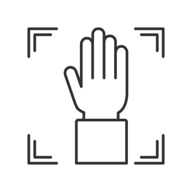 Avuç içi taraması siyah çizgi simgesi. Doğrulama eli. Yetki kavramı: DNA sistemi, bilimsel teknoloji, tarama. Biyometrik tanımlama ögesi.