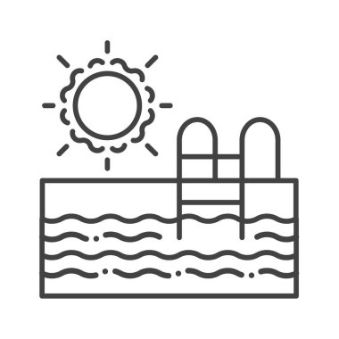 Yüzme havuzu siyah çizgi ikonu. Otel tabelası. Açık hava eğlence sembolü. Web sayfası için piktogram, mobil uygulama, tanıtım. UI UX GUI tasarım elemanı. Düzenlenebilir felç. Vektör izole illüstrasyonu.