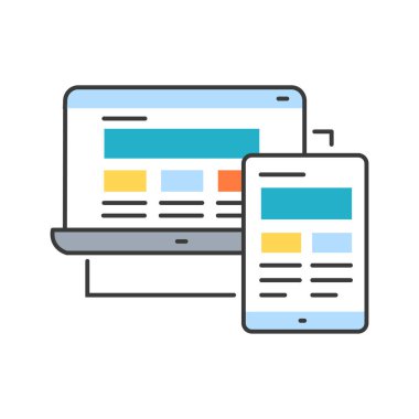 Yanıt tasarım renk çizgisi simgesi. Web sayfalarını çeşitli aygıt ve pencerelerde iyi gösteren web tasarımına yaklaşın. UI UX GUI tasarım elemanı. Düzenlenebilir vuruş.