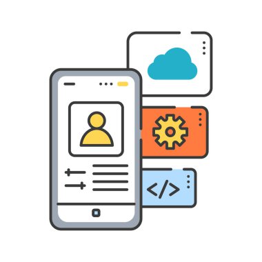 Uygulama fonksiyonları renk çizgisi simgesi. Başvuru nedeniyle yapılabilecek eylemler. Web sayfası için piktogram, mobil uygulama, tanıtım. UI UX GUI tasarım elemanı. Düzenlenebilir vuruş.