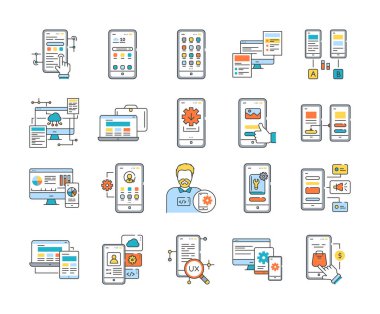 Uygulama satın alma renk çizgisi simgeleri ayarlandı. Uygulamaların yaratılması ve programlanması. UI UX GUI tasarım elemanı. Düzenlenebilir vuruş.