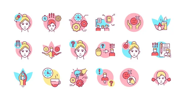 Self control color line icons set. Ability to regulate one's emotions, thoughts, and behavior in the face of temptations Pictogram for web page, mobile app, promo. Editable stroke. — Stock Vector