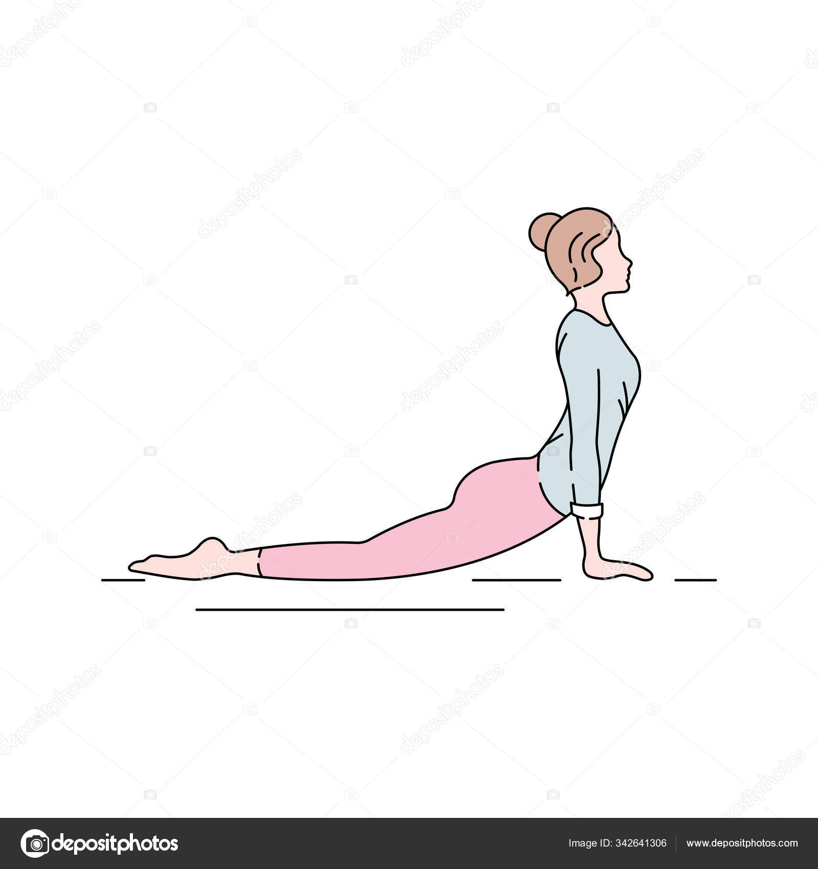 Asian woman stretching lower back with yoga cobra pose on exercise mat.  Upward facing dog backbend pose yoga girl. Urdhva mukha svanasana exercise  Yoga stretch practice for weight loss. Stock Photo |