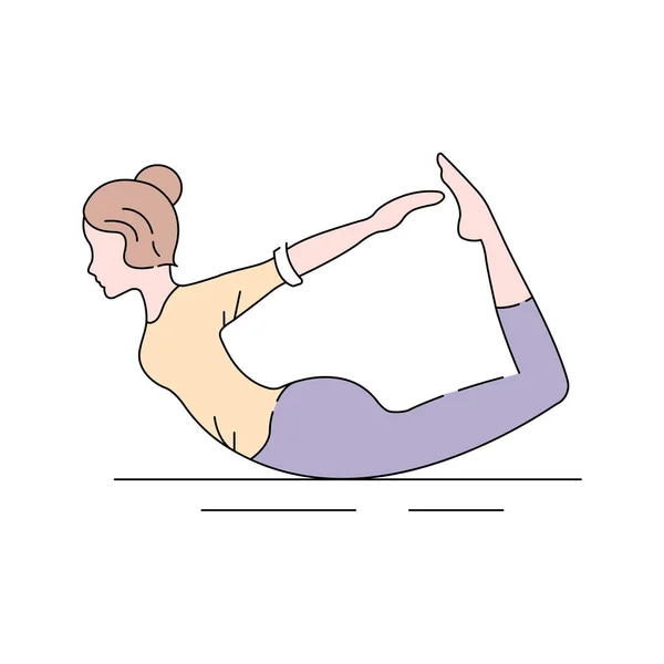 Bow Pose Dhanurasana 컬러 라인 아이콘. 엎드린 자세에서 발은 다리와 가슴을 들어올리도록 잡아 몸으로 활 모양을 만든다. UI UX GUI 설계 요소. 정확 한 뇌졸중. — 스톡 벡터