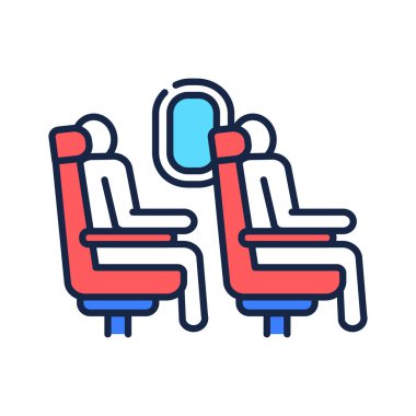 Yolcular uçakta koltuklarda oturuyorlar. Uçak ekonomisi sınıfı iç mekan. Web sayfası için piktogram, mobil uygulama, tanıtım. UI UX GUI tasarım elemanı. Düzenlenebilir vuruş.