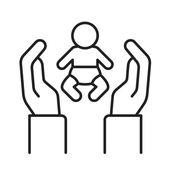 Kind adoptie zwarte lijn pictogram. Hand vasthouden baby, kinderopvang concept. Geen traditionele familie. Lesbische en homo ouders. Teken voor webpagina, mobiele app, logo. Aanpasbare beroerte — Stockvector