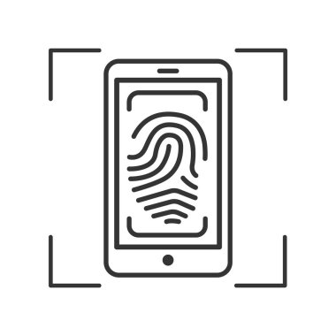 Parmak izi taraması akıllı telefon siyah çizgi ikonunda güvenlik erişimi sağlar. Ekrandaki tarama uygulamasına dokun. Kimlik ve kimlik doğrulama konsepti. UI UX ekranı. Kullanıcı arayüzü görüntüsü. Düzenlenebilir vuruş.