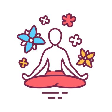 Yoga renk çizgisi simgesi pozu verir. Asana. Vücut duruşu, başlangıçta ve hala genel bir terimdir Oturarak meditasyon pozu için. Web sayfası için piktogram, mobil uygulama, tanıtım. UI UX GUI tasarım elemanı. Düzenlenebilir vuruş.