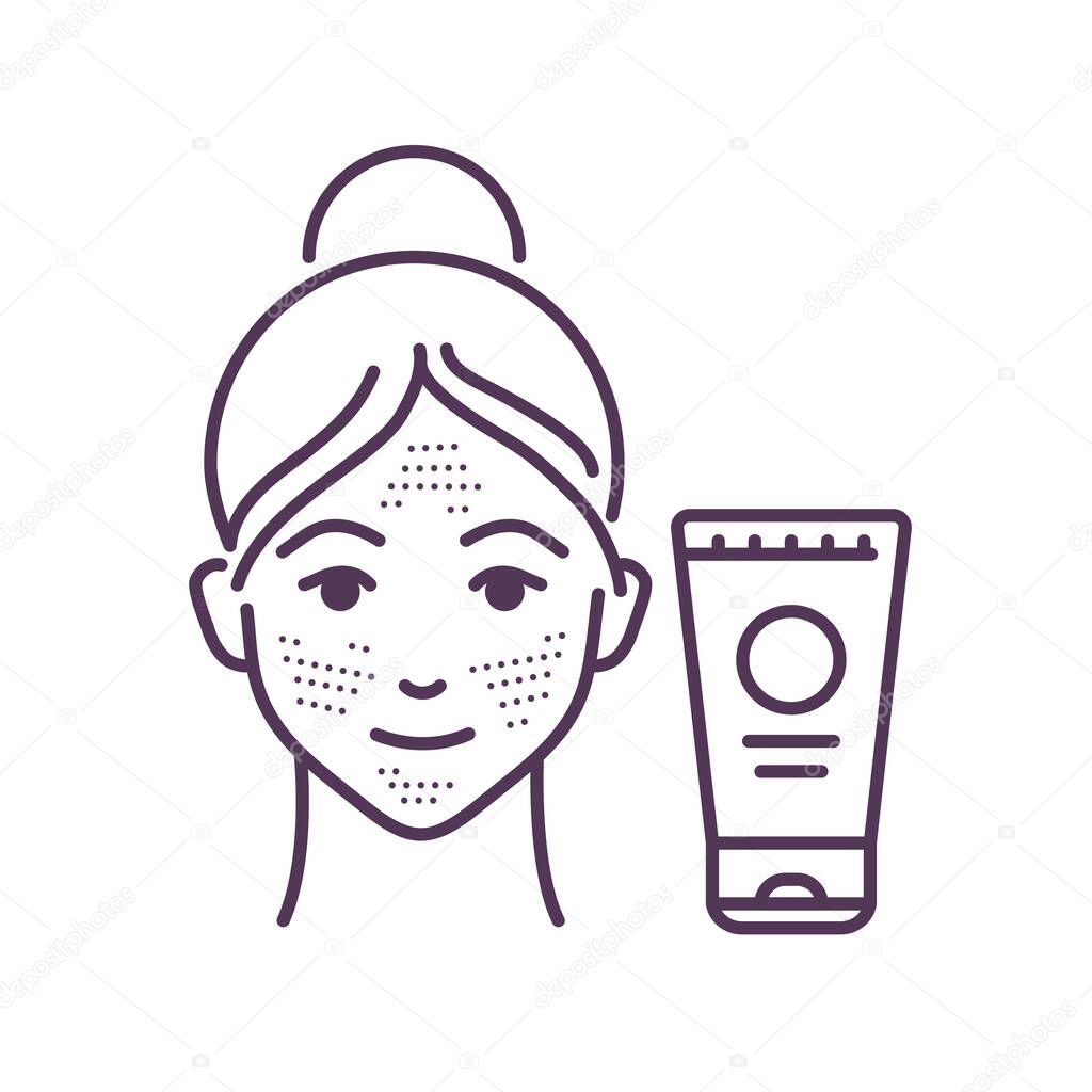 Facial skin scrubbing black line icon. Young female and plastic tube with scrub. Skin care. SPA, Cosmetic procedures. Pictogram for web page, mobile app. UI UX GUI design element. Editable stroke