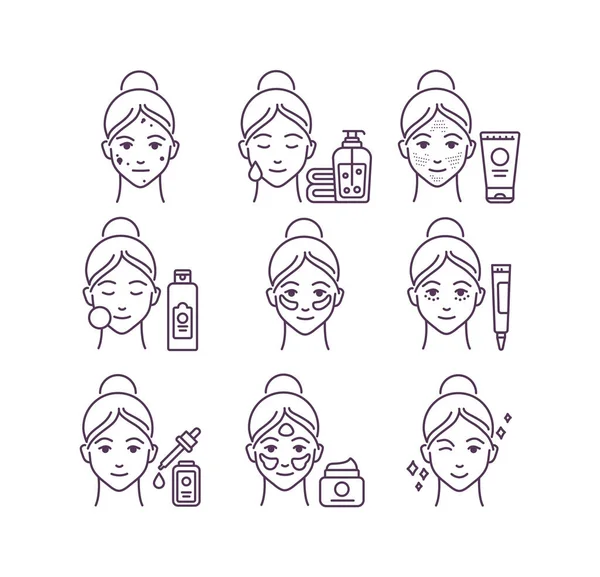 Hudvård svart linje ikoner som. Kvinnligt ansikte med olika ansiktsbehandlingar: leansing, toning, återfuktande. Piktogram för webbsida, mobilapp, promo. UI UX GUI designelement. Redigerbar stroke. — Stock vektor