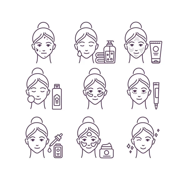 Ensemble d'icônes pour les soins de la peau. Le visage de femme avec une procédure faciale différente : relâchement, tonification, hydratation. Pictogramme pour page web, application mobile, promo. Élément de conception UI UX GUI. Course modifiable. — Image vectorielle