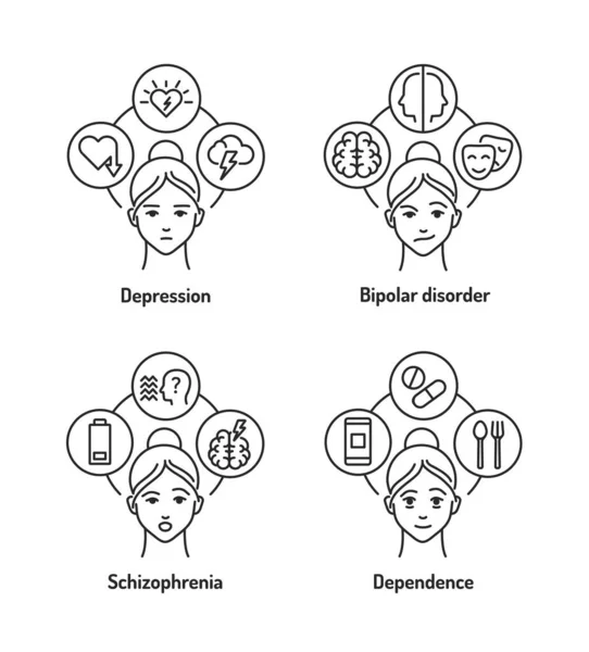 Los trastornos psicológicos alinean iconos negros. Perfil femenino en diferentes emociones. Problemas: Depresión, trastorno bipolar, esquizofrenia, dependen. Ilustración aislada del vector. — Vector de stock