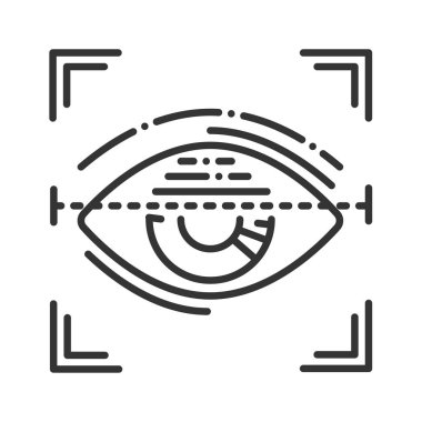 Göz tanımlama siyah çizgi simgesi. Kimlik ve kimlik doğrulama. DNA sistemi kavramı, bilimsel teknoloji, tarama. Biyometrik güvenlik elementi. Web sayfası, mobil uygulama için imzala.