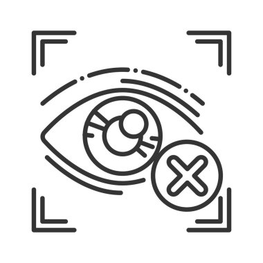 İptal edilmiş göz tanımlama siyah çizgi simgesi. Kullanıcı konsepti erişimi engellendi. Hata, dolandırıcılık. Biyometrik güvenlik elementi. Web sitesi, mobil uygulama ve pankart için imza atın. Düzenlenebilir vuruş.