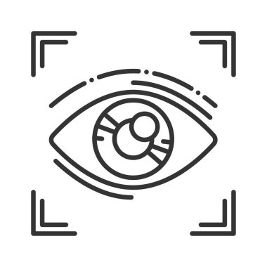 Göz tanımlama siyah çizgi simgesi. Kimlik ve kimlik doğrulama. DNA sistemi kavramı, bilimsel teknoloji, tarama. Biyometrik güvenlik elementi. Web sayfası, mobil uygulama için imzala.