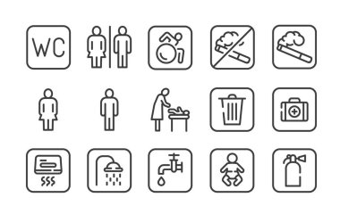 WC siyah çizgi simgeleri ayarlandı. Uniseks tuvaleti. Kamu navigasyonu. Web sayfası için piktogramlar, mobil uygulama, tanıtım. Ui Ux Gui tasarım elementleri. Düzenlenebilir vuruş.