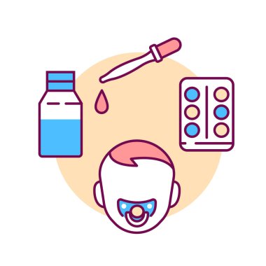 Çocukların renk çizgisi ikonu için ilaç dozajı. Pediatrik sağlık tabelaları. Çocuk bakımı konsepti. Web sayfası için piktogram, mobil uygulama, tanıtım. Ui Ux Gui tasarım ögesi
