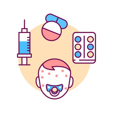 Pediatrik bulaşıcı hastalık renk çizgisi ikonu. Deri döküntüsü. Çocuklarda dermatolojik hastalıklar. Web sayfası için piktogram, mobil uygulama, tanıtım. Ui Ux Gui tasarım ögesi.