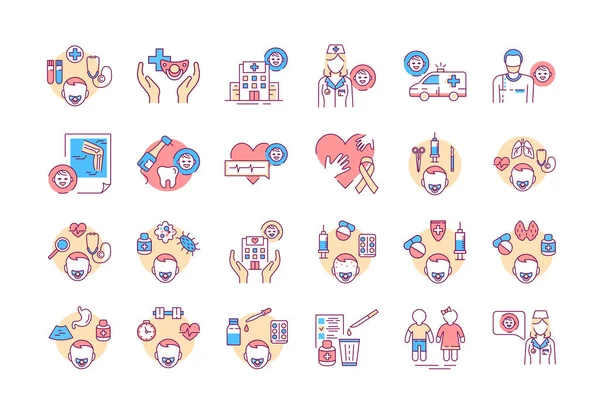 Pediatrics color line icons set. Medical health care sign. Childcare concept. Pictogram for web page, mobile app, promo. UI UX GUI design element. — Stock Vector