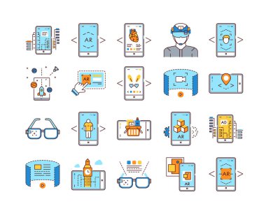 Artırılmış gerçeklik çizgisi simgeleri ayarlandı. Dijital teknoloji. Web sayfası için piktogram, mobil uygulama, tanıtım. Ui Ux Gui tasarım elemanı. Düzenlenebilir vuruş