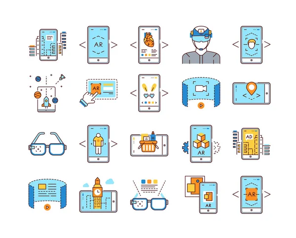 Icônes de ligne de couleur réalité augmentée réglées. La technologie numérique. Pictogramme pour page web, application mobile, promo. UI UX GUI élément de conception. Course modifiable — Image vectorielle