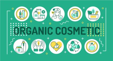 Organik kozmetik kelime harfleri tipografi. Güzellik endüstrisi. Yeşil arkaplanda doğrusal simgeleri olan bilgi grafikleri. Yaratıcı fikir konsepti. İzole edilmiş dış hat renk çizelgesi