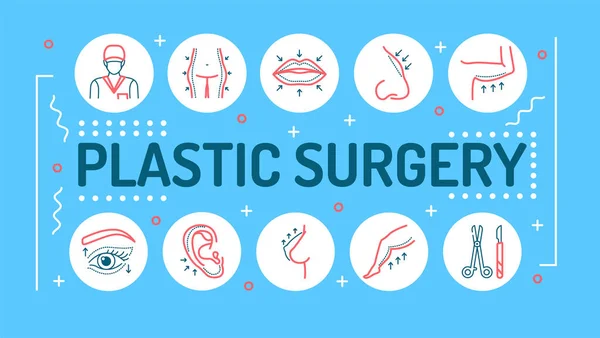 Plastik cerrahi kelimesi tipografiyi işaret ediyor. Düzeltme kadın figürü. Mavi arkaplanda doğrusal simgeleri olan bilgi grafikleri. Yaratıcı fikir konsepti. Vektör izole edilmiş dış hat renk çizelgesi