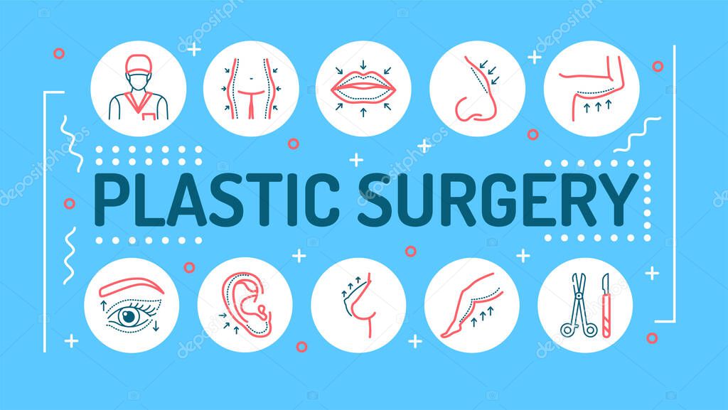 Plastic surgery word lettering typography. Correction female figure. Infographics with linear icons on blue background. Creative idea concept. Vector isolated outline color illustration