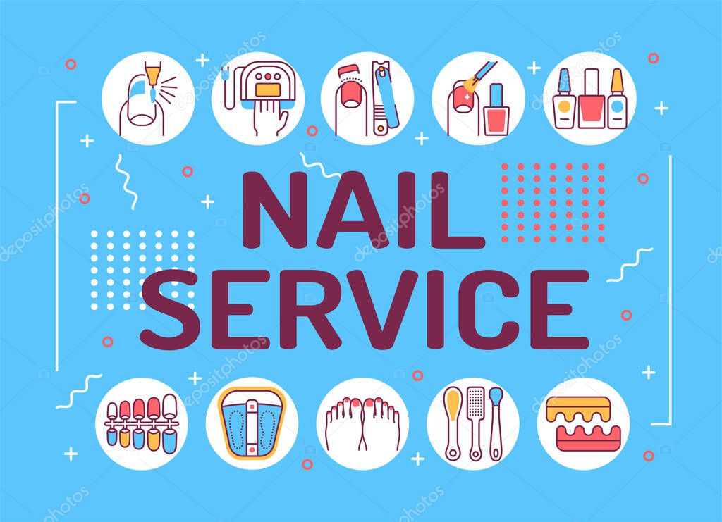 Nail service word lettering typography. Manicure and pedicure procedures. Infographics with linear icons on blue background. Creative idea concept. Isolated outline color illustration