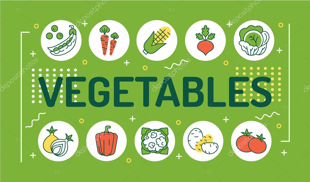 Vegetables word lettering typography. Healthy, organic food. Infographics with linear icons on green background. Creative idea concept. Isolated outline color illustration