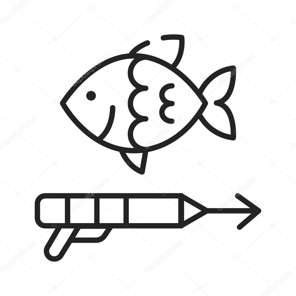 Spearfishing black line icon on white background. Extreme sport. Swimming under water. Hunting for underwater animals. Pictogram for web page, mobile app, promo. UI UX GUI design element