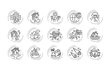 Natural disasters black line icons set. A major adverse event resulting from natural processes of the Earth. Pictogram for web page, mobile app, promo. UI UX GUI design element clipart