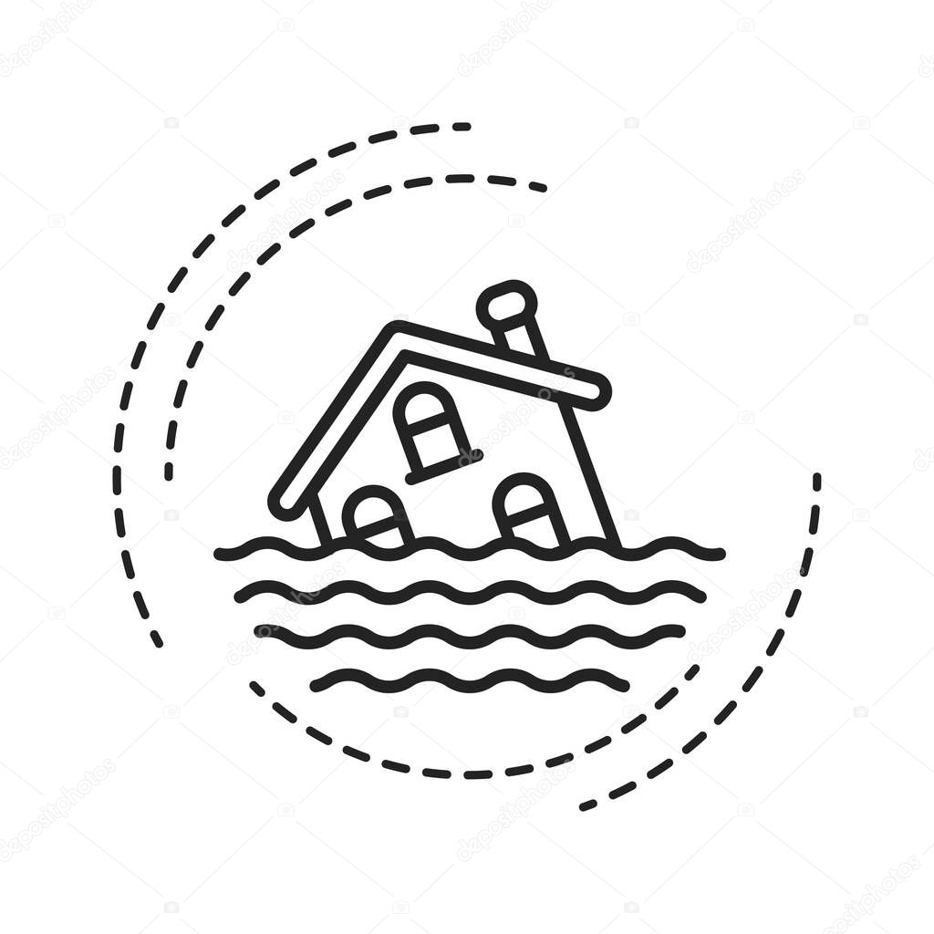 Flood black line icon. An overflow of water that submerges land that is usually dry. Pictogram for web page, mobile app, promo. UI UX GUI design element. Editable stroke