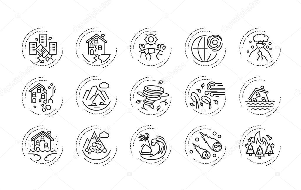Natural disasters black line icons set. A major adverse event resulting from natural processes of the Earth. Pictogram for web page, mobile app, promo. UI UX GUI design element