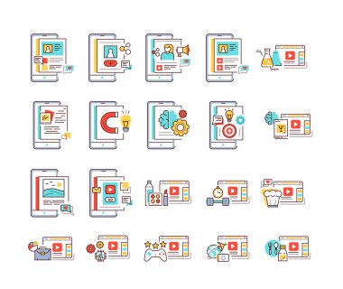 Web sitesindeki blog yazma ve akıllı telefon renk çizgisi simgeleri ayarlandı. İçerik tanıtım videosu yayınlanıyor. Vloglama. Web sayfası için piktogramlar, mobil uygulama, tanıtım. UI UX GUI tasarım elemanları. Düzenlenebilir vuruş