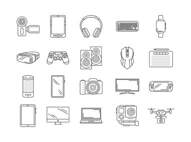 Gadgets siyah çizgi simgeleri ayarlandı. Elektronik cihazlar. İnsan hayatını kolaylaştırmak ve geliştirmek için tasarlandı. Web sayfası için piktogram, mobil uygulama, tanıtım. UI UX GUI tasarım elemanı. Düzenlenebilir vuruş