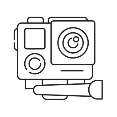Aksiyon kamerası siyah çizgi simgesi. Elektronik cihaz konsepti. Aktif spor için kamera. Web sayfası için piktogram, mobil uygulama, tanıtım. Ui Ux ekranı. Kullanıcı arayüzü görüntüsü. Düzenlenebilir vuruş