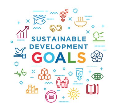 Toplumsal sorumluluk tabelası. Sürdürülebilir Kalkınma Hedefleri. SDG işaretleri. Arkaplan yaratıcı fikir kavramının doğrusal simgelerini içeren bilgi grafikleri. İzole edilmiş dış hat renk çizelgesi