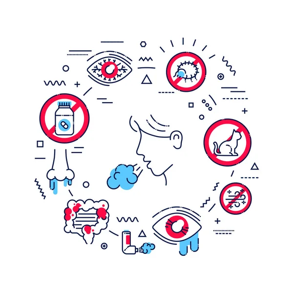 Allergische Symptome Internet Dermatologische Infektionskrankheit Infografiken Mit Linearen Symbolen Auf — Stockvektor