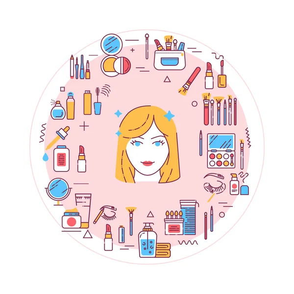 Banner Web Maquillaje Facial Productos Cosméticos Cuidado Piel Femenino Infografías — Archivo Imágenes Vectoriales