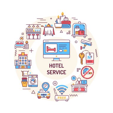 Otel servisi web pankartı. Misafirler için konfor. Otel tatil köyü. Rezervasyon dairesi. Kırmızı arkaplanda doğrusal simgeleri olan bilgi grafikleri. Yaratıcı fikir kavramı izole edilmiş dış hat renk çizimi