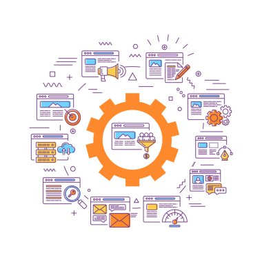 Dijital pazarlama web afişi. SEO, web sitesi stratejisi. Arkaplanda doğrusal simgeler olan bilgi grafikleri. Yaratıcı fikir konsepti. İzole edilmiş dış hat renk çizelgesi