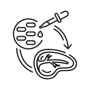 Kök hücre eti siyah çizgi simgesi. Et, hayvan hücrelerinin tüp hücre kültüründe kesilen hayvanlardan değil, tüp bebek tarafından üretiliyor. Web sayfası için piktogram, mobil uygulama, tanıtım. Düzenlenebilir vuruş